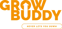 Logo van Growbuddy in oranje hoofdletters met een pijltje omhoog in de letter "U" en de slogan "Never lets you down" eronder.